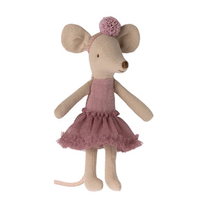 A soft plush toy resembling a ballet mouse with a heather-coloured tutu and a matching headband.