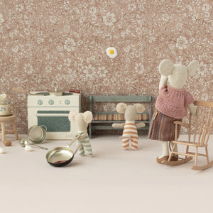 Maileg Mouse Cooking Set with utensils and food.
