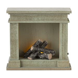 Maileg miniature fireplace dusty green for dollhouses.