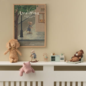 Maileg kitchen counter shown with soft toy mice.