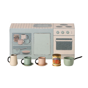 Detailed shot of Maileg kitchen counter and accessories.