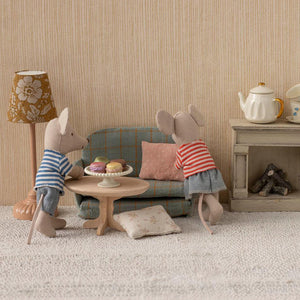 Cozy play scene featuring Maileg LouiMax and Stella little mice.