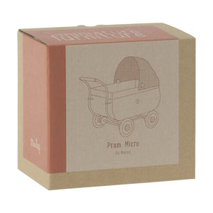 Maileg micro pram in a box, ready for play.
