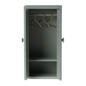 Maileg Closet in soft blue with golden hangers.
