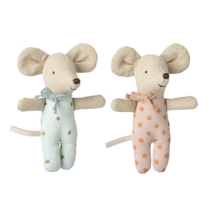 Maileg Mice in cute spotty onesies and lace collars.