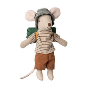Maileg Hiker Mouse Big Brother wearing a striped shirt and durable shorts with a rolled-up sleeping bag on his back.