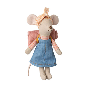 Maileg Hiker Mouse Big Sister wearing a sporty dress and headscarf with a rolled-up sleeping bag.