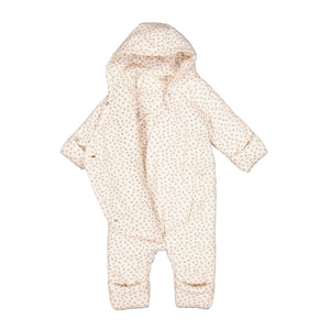 Baby romper in Petite Fleurs print with cozy hood and button closure.