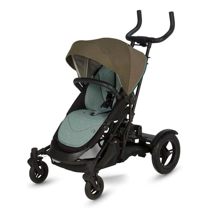 A folded Micralite TwoFold Evergreen stroller, featuring a one-handed folding mechanism and a black carrycot attached.