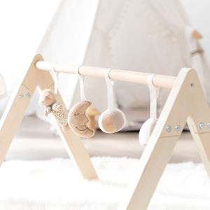 Wooden baby activity gym set with four hanging toys