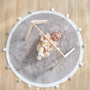 Wooden baby gym frame with interactive sensory toys for infants
