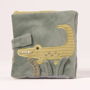 Back design of the MiniDream Jungle soft activity book featuring an embroidered green crocodile with tactile, sensory details.