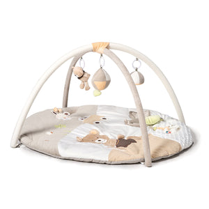 Baby play gym with hanging toys and a mat featuring animal illustrations on a white background