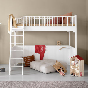 Elevated kids bed with space underneath for play or storage