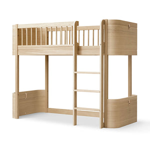 Wooden children's bunk bed with ladder on a white background