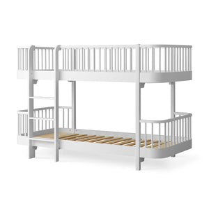 Stylish white wooden bunk bed with rounded edges.