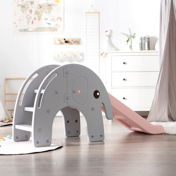 Adorable pink elephant slide with a playful trunk slide and easy-climb steps.