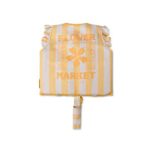 Yellow Swim Essentials swim vest featuring a vibrant flower market print on a white background.