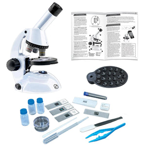Microscope with 45-piece accessory set for specimen preparation