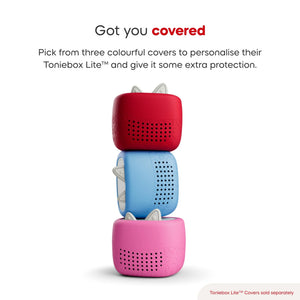 Toniebox Lite shown in grey, blue and pink, lightweight screen-free audio player for kids
