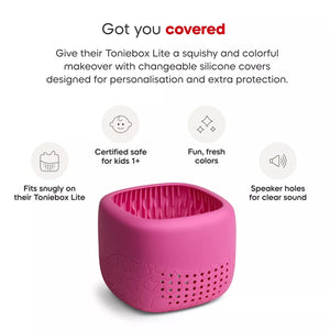Toniebox Lite cover features guide showing fit, materials and easy installation instructions