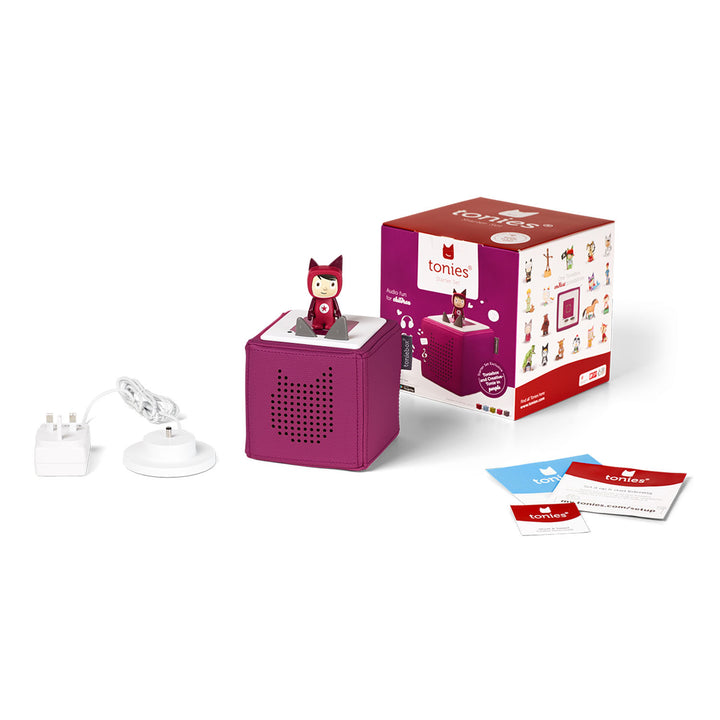  Purple Toniebox starter set including audio player, Creative-Tonie, and charging base.