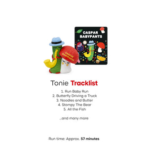 Tracklist graphic for the Tonies Caspar Babypants figure, showing the list of acoustic-based tunes included, such as Run Baby Run and Stompy The Bear.