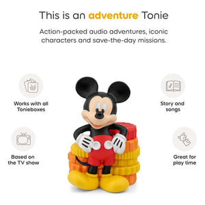 Informational graphic for the Tonies Disney Mickey Mouse Clubhouse adventure Tonie, highlighting features like action-packed audio adventures and required setup icons.