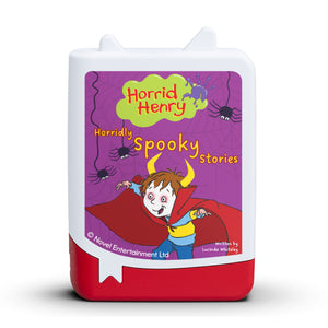 A hand-painted Tonie book pocket of Horrid Henry wearing his signature blue and yellow striped sweater, ready for the "Horridly Spooky Stories" collection