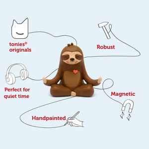Infographic highlighting the features of the Mo the Sloth Tonie, with text callouts pointing to the figure.