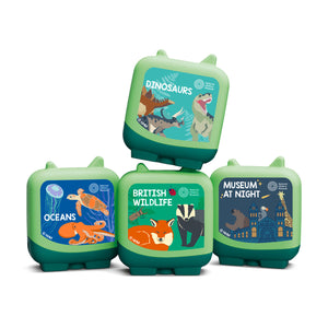 Four green Clever Pocket Tonies stacked together from the Tonies Natural History Museum Discovery Crew set, featuring Dinosaurs, Oceans, British Wildlife, and Museum at Night themes.