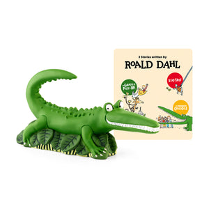 The Enormous Crocodile Tonie figurine displayed next to its official Roald Dahl audio-pocket packaging box.