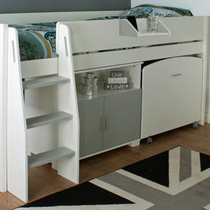 Urban grey midsleeper bed with built-in desk and storage