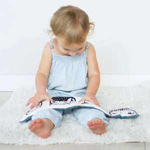 Baby holding Friendly Faces in the Forest soft cloth book during tummy time.
