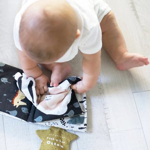 Wee gallery peekaboo soft book is suitable for babies and toddlers ages 6 months to 3 years