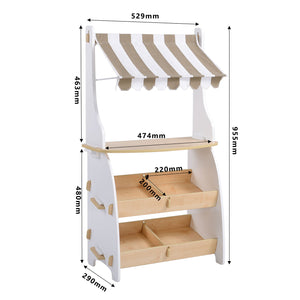 Wooden play shop with striped canopy and dimensions labeled