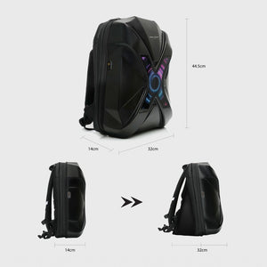 The black backpack with detailed dimensions.