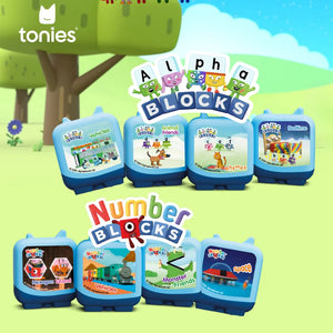 Tonies Alpha Blocks and Number Blocks toys with colorful labels on a green outdoor background.