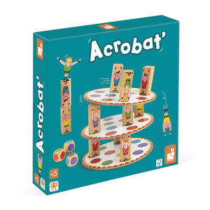 Box of the Janod Acrobat' Balancing Game featuring colorful wooden pieces and game dice.