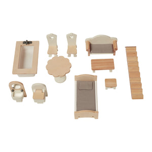 The set consists of 11 dollhouse furniture pieces. The set has a bed, a sofa, a table, two chairs, a staircase, a bathtub, a toilet, a sink, a coffee table, a side table, and a toilet.