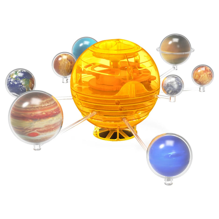 Solar system model with detailed planets, showcasing a close-up of gears