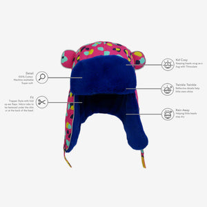 Blue and pink hat with colorful patterns on a white background