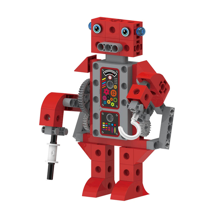 Building set with colorful robot parts and a screwdriver.
