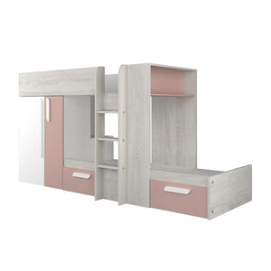 A child safely climbing the ladder to the top bunk of a pink bunk bed.