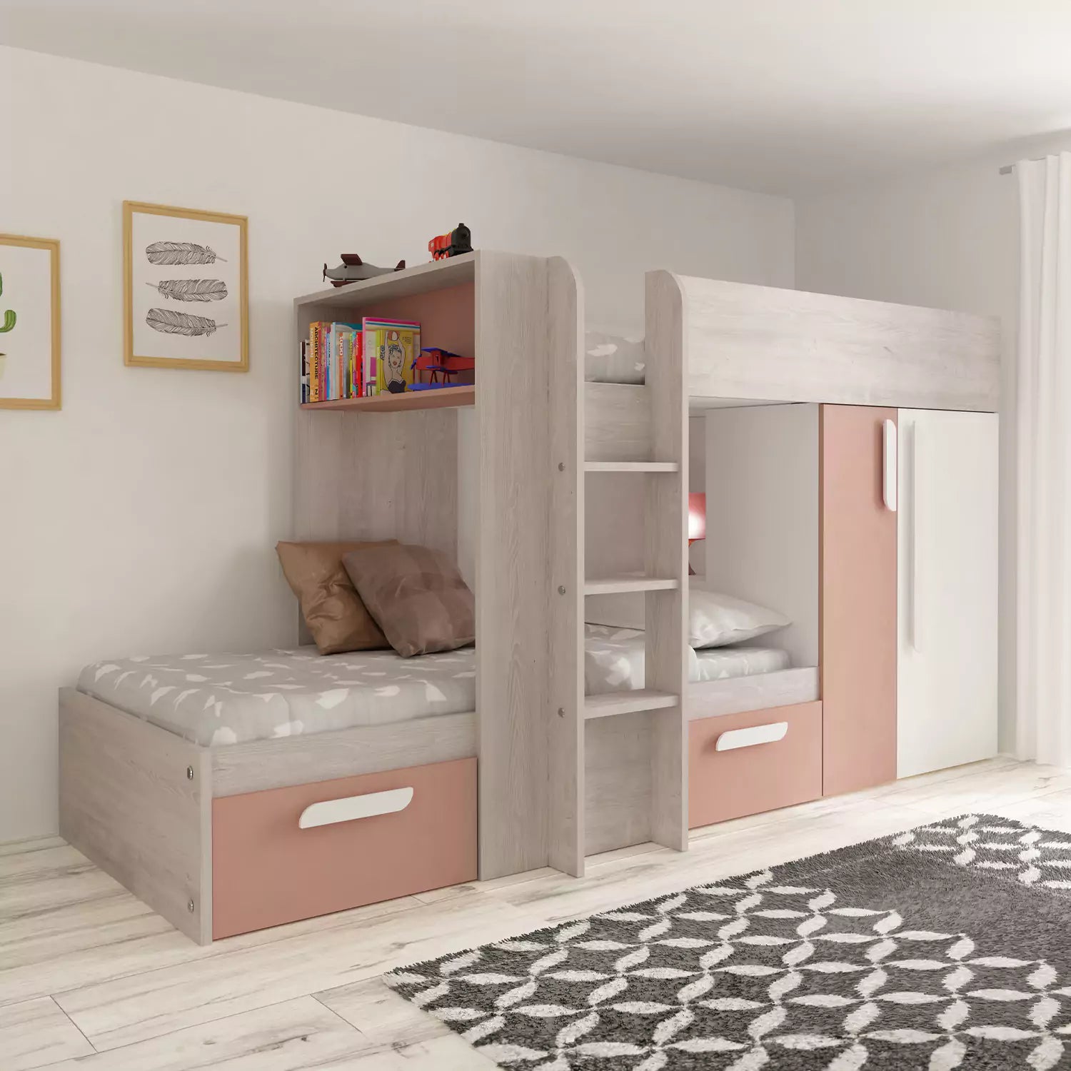 Pink Bunk Bed with Storage Drawers Wardrobe