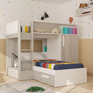 Ample storage with under-bed drawer and shelves
