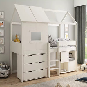 White colored Kids Avenue Midi Playhouse Mid Sleeper Bed with a desk and chest of drawers underneath.
