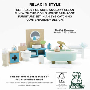 This image highlights the contemporary sink unit, first aid cupboard, and accessories, all made from non-toxic paints and FSC®-certified wood.