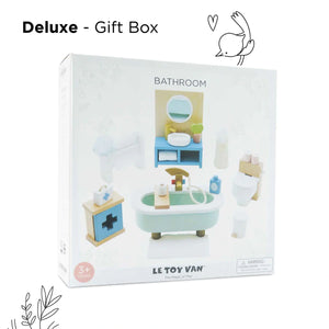 Children engaging in imaginative play with the stylish and safe bathroom furniture set, compatible with all Le Toy Van dollhouses.