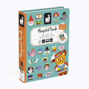 A colorful book-shaped box packaging for Janod Magneti'Book Mix & Match Fairytales, displaying various cartoon-like character magnets and text information.